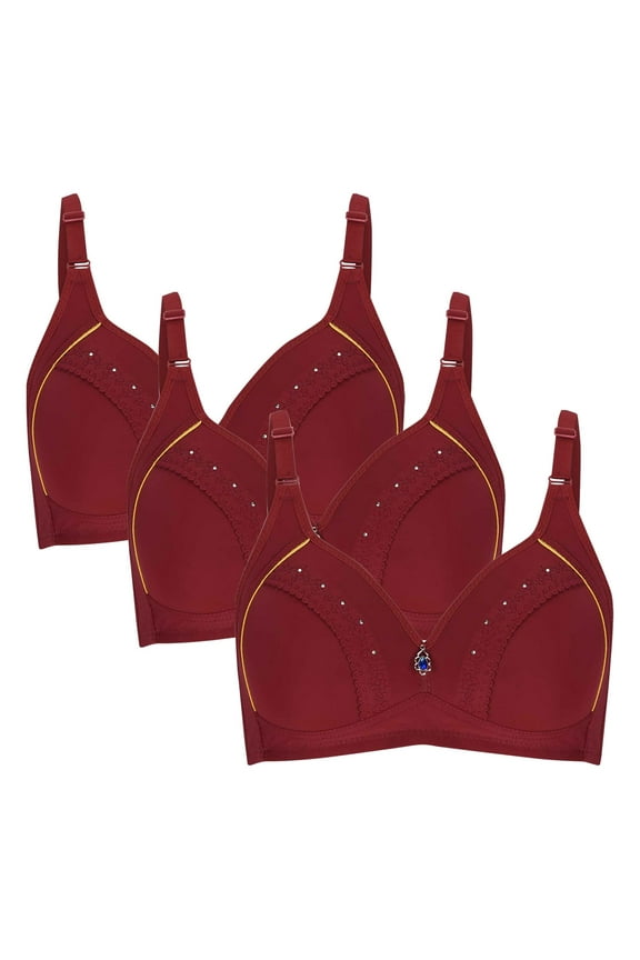 Comfortable Bra On Sale Woman's Embroidered Seamless Comfortable Breathable Bra Underwear No Underwire Three Piece Set Lightly Lined Bra Style F-1065 Red 42