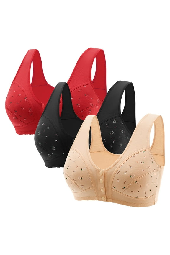 Cotton Bra Discouts Women Senior Elder Women Printed Front Buckle Without Underwire Underwear Soft Cotton Plus Size Underwear Bra Balconette Bra Style F-468 Multicolor M