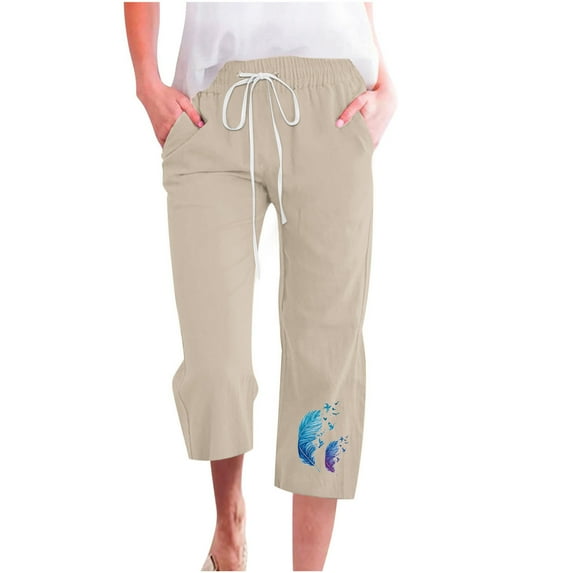 Bigersell Cotton Capris with Pockets for Women Capris Pants for Women Casual Summer Cotton Linen 3/4 Pants Wide Leg Capris Lightweight Baggy Cropped Trousers Khaki xxl