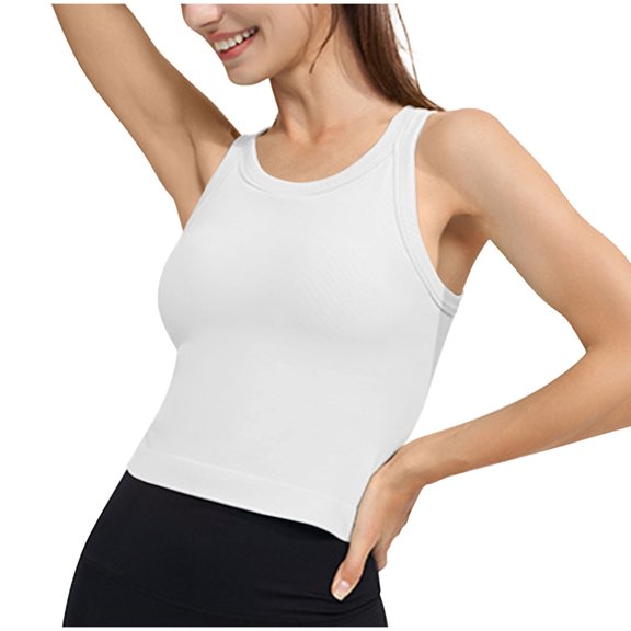 Bigersell Crop Tops with Built in Bra Women Wireless Sports Bras Solid Sleeveless Crew Neck Cropped Tank Tops Comfort Soft Yoga Sports Bra Running Workout Bras Crop Tops White L