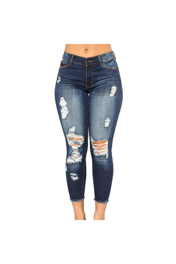Cropped Jeans Women Mid Waist Distressed Ripped Skinny Jeans Washed Destroyed Hole Ankle Leg Length Denim Pants with Pockets Button Closure Stretch Jeans Dark Blue XL