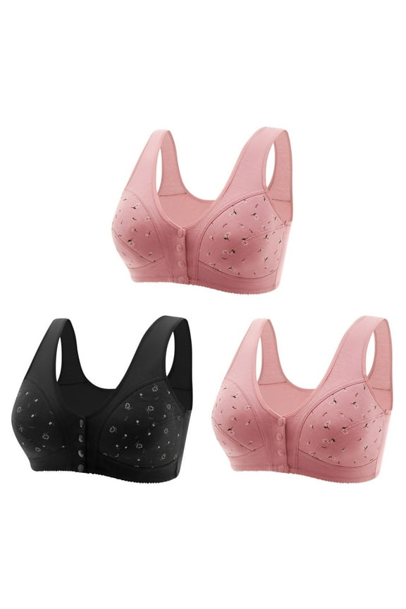 Cupless Bra Upgrade 3pc Women Senior Elder Women Printed Front Buckle Without Underwire Underwear Soft Cotton Plus Size Underwear Bra Bandeau Bra Style F-47 Black XXL