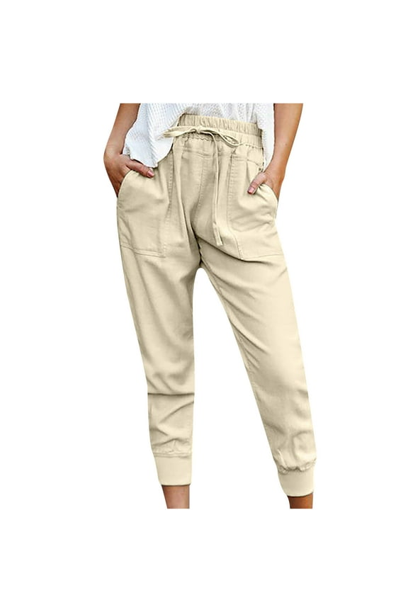 Curvy Pants for Women Full Length Pants Women Casual Solid Cotton Linen Drawstring Elastic Waist Calf-Length Pencil Pants Ladies Ribcage Straight Ankle Pants