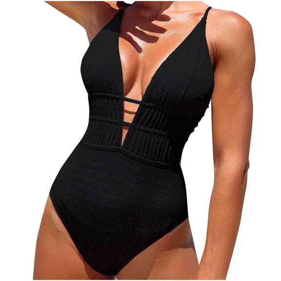 Bigersell Cut Out One-Piece Swimsuits Women Lace up Tie Back V-Neck Bathing Suit Solid Color 1 Piece Swimsuit High Cut Monokini Swimwear Black S