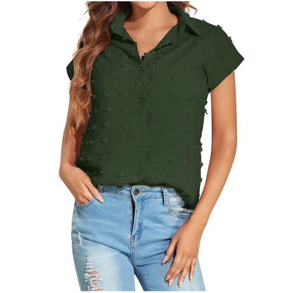 Bigersell Cute Casual Tops for Women Casual Fashion Summer Chiffon Short Sleeve Button Cardigan Shirt Tops Blouse Women Peplum Scoop Neck Short Sleeve Workout Tops Style B53043, Army Green L
