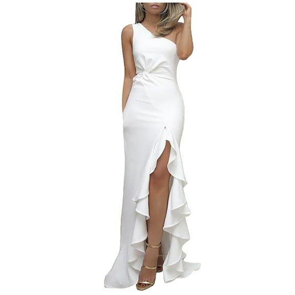 Bigersell Cute Dresses for Women Fashion Women Summer Solid One-Shoulder Strapless Ruffle Sleeveless Split Dress Women's Plus Cocktail Dress Style 18654, Female Above Knee Dresses White L