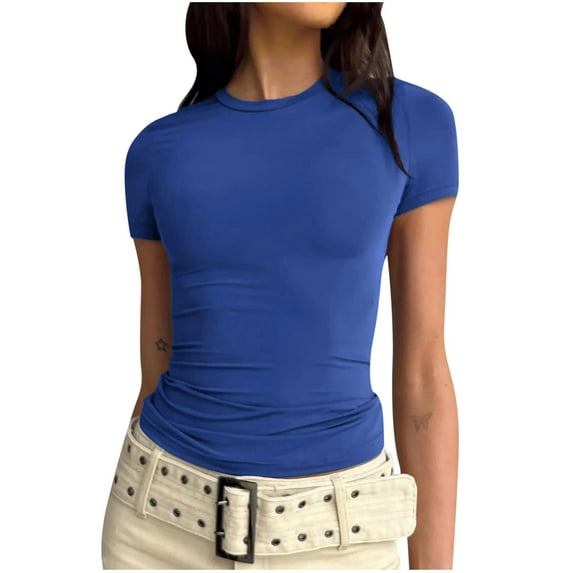 Bigersell Cute Summer Tops for Women Short Sleeve Solid Color Crewneck Casual Tops Pullover T-shirt Regular Pullover Square Neck Short Sleeve Tunic Tops Style B10240, Blue S