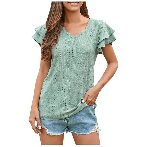 Bigersell Cute Tops for Women Summer Fashion Women's Summer V-Neck Solid Short Sleeve Tops Blouse Women Peplum V-Neck Short Sleeve Spring Tops Style B29243, Green L