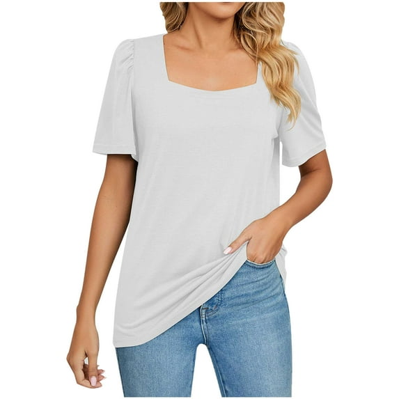Bigersell Cute Tops for Women Summer Women Solid Color Casual Square Neck Short Sleeve Loose T-Shirt Blouse Tops Women's Plus Ruffles Square Neck Short Sleeve Tunic Tops Style B28834, White XXL