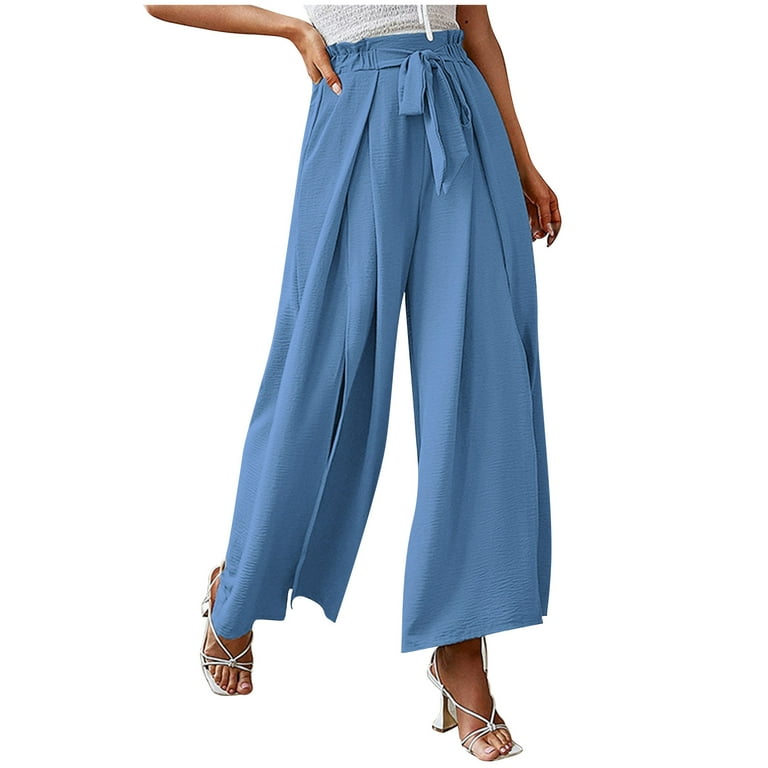 Bigersell Solid Blue Pant for Women Full Length Pants Women's Fashion  Casual High Waist Elastic Waist Drawstring Straps Solid Color Ruffle Wide  Leg Long Pants Ladies' Shaping Bootcut Pants 