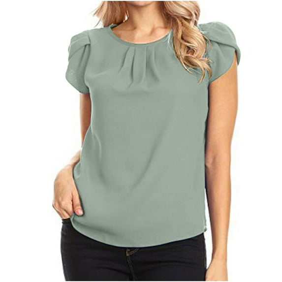 Bigersell Dress Shirts for Women Chiffon Solid Color Short Sleeve Round Neck Casual Shirt Short Sleeve Blouse Women Peplum Scoop Neck Short Sleeve Tops Style B44613, Army Green L