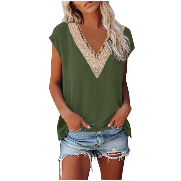 Bigersell Dress Shirts for Women Fashion Women's Summer V-Neck Lace Patchwork Short Sleeve Tops Blouse Women's Plus Swing V-Neck Short Sleeve Tops Style B25379, Army Green M
