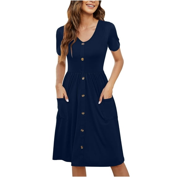 Bigersell Dress for Wedding Guest Women Deals Female Button-Donw Short Sleeve Knee Length Fitted & Flare Dress Style D-68 Work Dresses Regular Summer Dresses , Dark Blue S