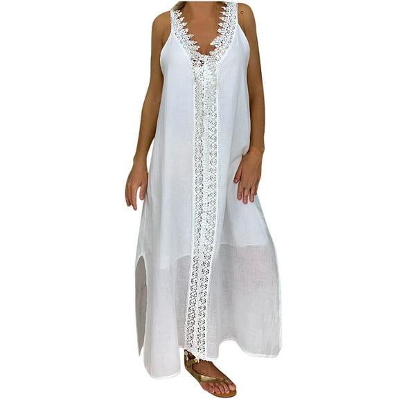 Bigersell Dresses for Wedding Guest Women's Fashion Summer Casual Sleeveless V-Neck Sling Lace Solid Color Dress Plus Boho Dress Style 29499, Female Maxi Dresses White M