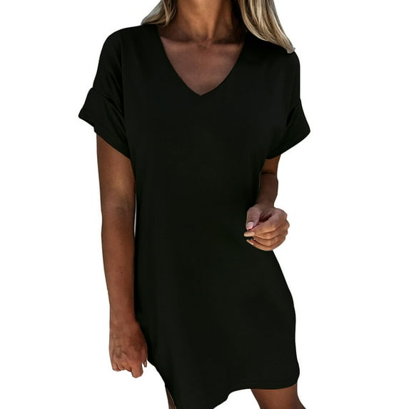 Bigersell Dresses for Women 2023 Casual Women's Casual Fashion V-Neck Solid Color Short Sleeve Short Skirt Dress formal Dresses for Female Wedding Guest Women A-Line Dresses, Style 30708, Black XXL