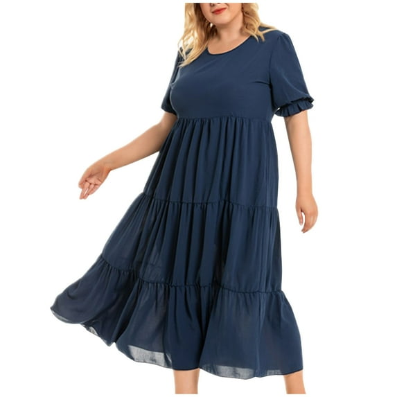 Bigersell Dresses for Women Fashion Summer Round Neck Short Sleeve Boho Solid Color Plus Size Beach Dress Cocktail Dresses Regular Wrap Dresses, Style 30107, Navy 4XL