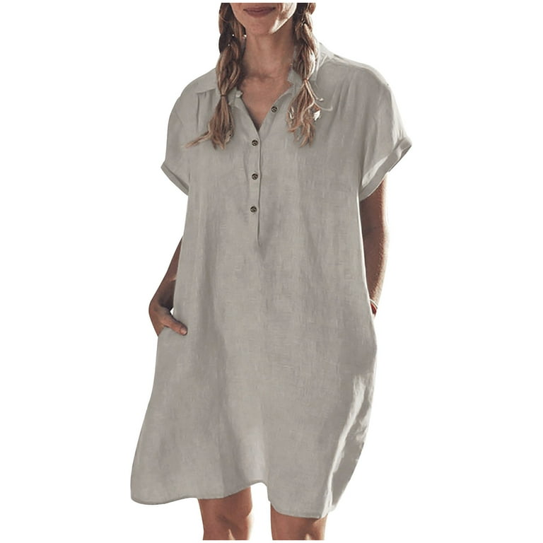 Bigersell Elegant Dresses for Women Evening Party Fashion Women's Summer  Casual Cotton Loose Short Sleeve Solid Shirt Dress Female Dresses for  Wedding Guest Regular Wrap Dresses, Style 15275, Khaki M 