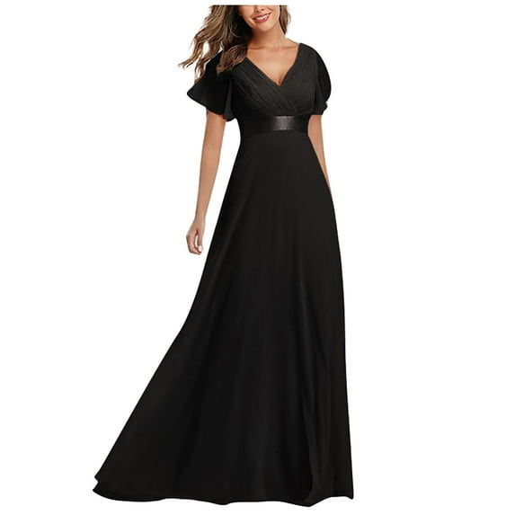 Bigersell Evening Dresses for Women Elegant Deals Female V-Neck Short Sleeve Maxi Evening Gown Dress Style D-35 Beach Vacation Dresses Regular Summer Dresses , Black XL