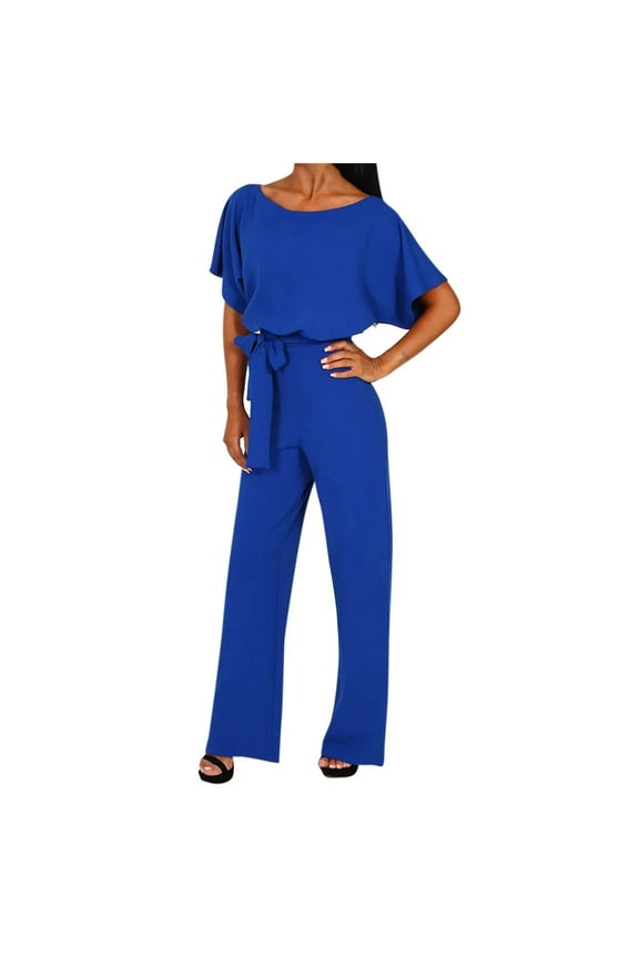 Flare Jumpsuits for Women Jumpsuit Fashion Womens Rounk Neck Solid Summer Bandag Short Sleeve Pants Jumpsuit Ripped High Waist Jumpsuits for Ladies