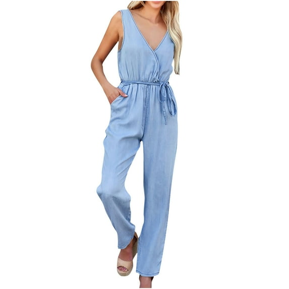Bigersell Flare Jumpsuits for Women Fashion Women Sleeveless Solid V-Neck Vest Casual Bandage Long Jumpsuit Ladies Low Pro Pants