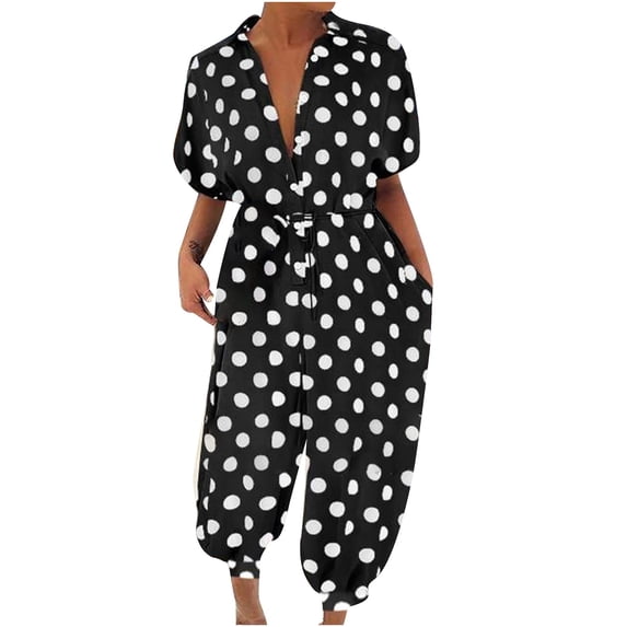Bigersell Flare Jumpsuits for Women Jumpsuit Woman's Dots Printing Short Sleeve Button Rompers Trousers Casual Fashion Blue Jumpsuits for Ladies