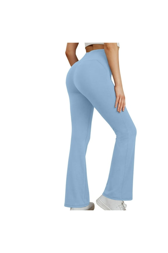 Flare Leg Yoga Pants for Women Butt Lift Seamless High Waisted Workout Leggings Solid Color Pull On Yoga Leggings Long Pants, Blue M