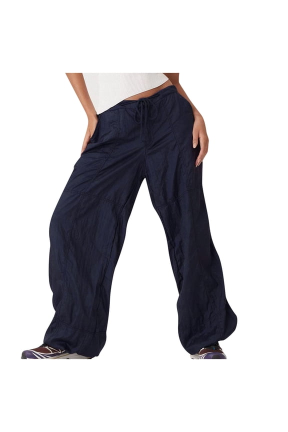 Flare Pants for Women Full Length Pants Women's Fashion Casual Elastic Waist Drawstring Strap Solid Color Big Flare Wide Leg Pants Solid Blue Pant for Ladies