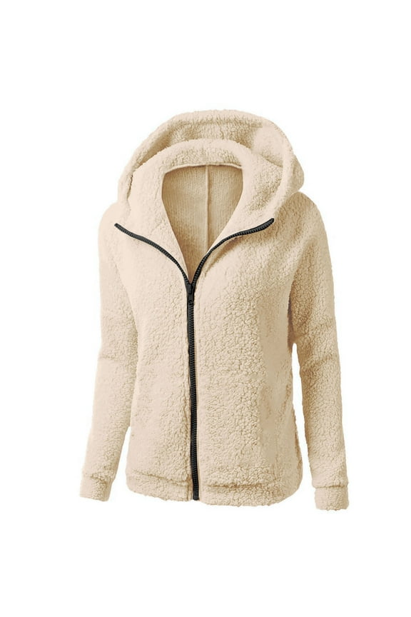 Fleece Jacket with Hood Women Full Zip up Hoodies Solid Color Soft Lightweight Winter Long Sleeve Hooded Sweatshirts Sweater Coat Outwear Y3 Beige S