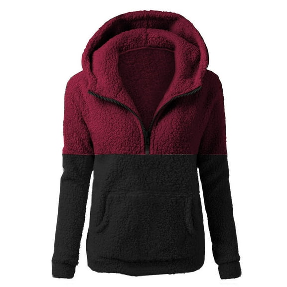 Bigersell Fleece Jackets for Women with Full Zipper Pockets Hooded Sweatshirts Casual Color Block Long Sleeve Zip up Hoodies Winter Warm Sweater Coat Outwear Y2 Wine L