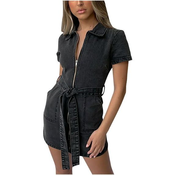 Bigersell Flower Girl Dress Women's Summer Fashion Lace Up Waist Short Sleeve Zipper Pocket Slim Denim Dress Dresses for Female Women A-Line Dresses, Style 26118, Black L