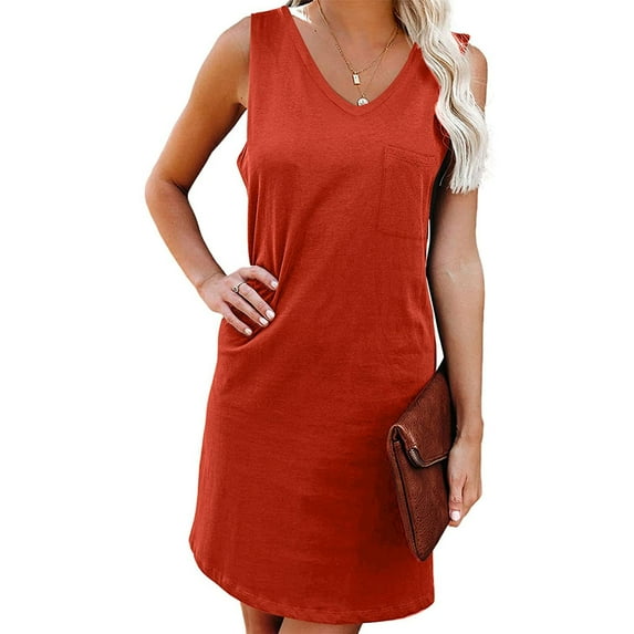 Bigersell Flowy Dresses for Women Casual Summer Tank V-Neck Solid Sleeveless with Pocket Dress Women's Plus Sheath Dress Style 35340, Female Ankle Length Dresses Orange M