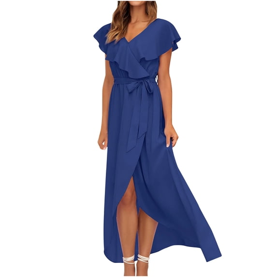 Bigersell Formal Dresses for Women Evening Party Wrap Dress Front Split Ruffle Maxi Dress with Belt Ruffled Flounce Short Sleeve V-Neck Elegant Long Dresses Casual Loose Beach Sundresses, Purple XXL