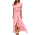 thumbnail image 1 of Bigersell Formal Dresses for Women Evening Party Wrap Dress Front Split Ruffle Maxi Dress with Belt Ruffled Flounce Short Sleeve V-Neck Elegant Long Dresses Casual Loose Beach Sundresses, Pink L, 1 of 8