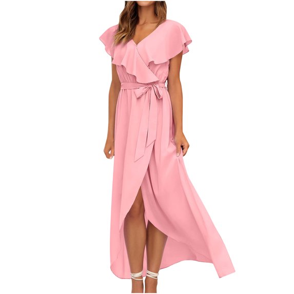 Bigersell Formal Dresses for Women Evening Party Wrap Dress Front Split Ruffle Maxi Dress with Belt Ruffled Flounce Short Sleeve V-Neck Elegant Long Dresses Casual Loose Beach Sundresses, Pink L