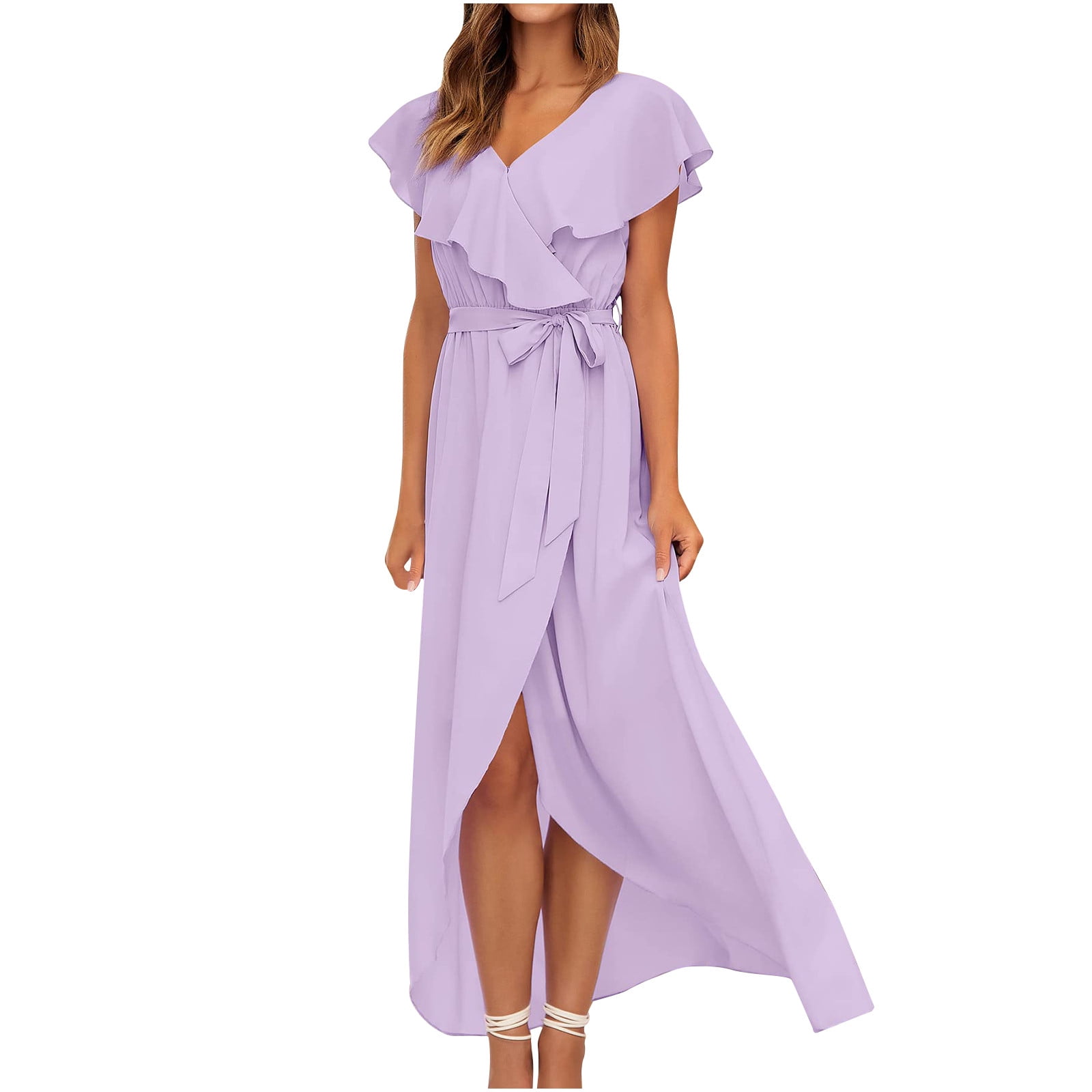 tie neck flounce sleeve asymmetrical hem belted dress