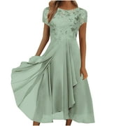 Bigersell Formal Dresses for Women Summer Female Crew Neck Short Sleeve Midi Wedding Guest Dress Style D-144 Sweater Dress Ladies Plus Size Summer Dresses , Green XXL