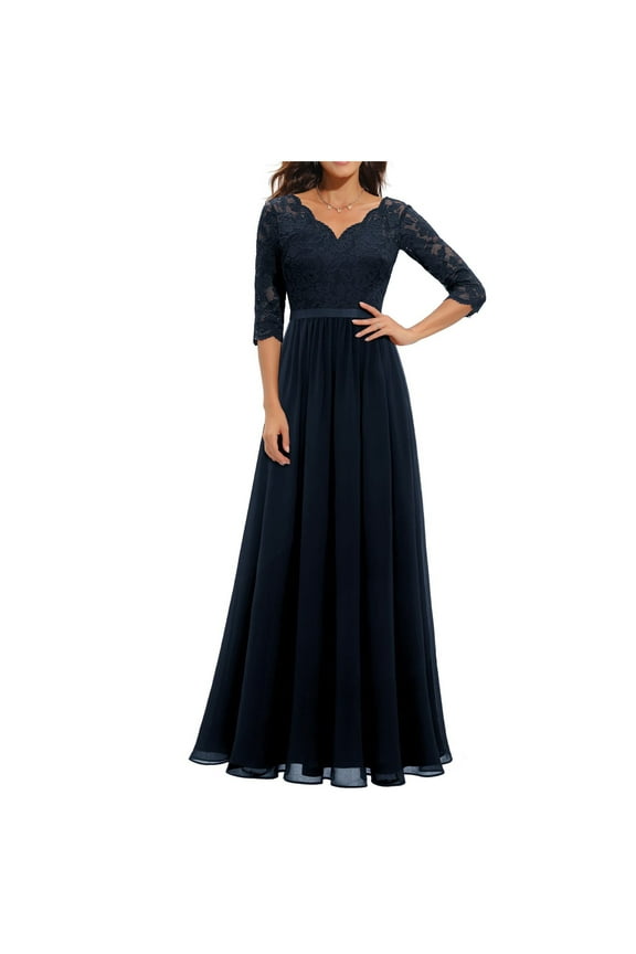 Formal Dresses for Women Summer Female V-Neck 3/4 Sleeve Maxi Bridesmaid Dress Style D-61 Gowns and Evening Dresses Regular Summer Dresses , Navy XL