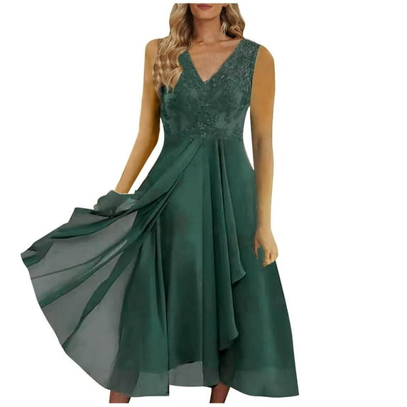 Bigersell Formal Dresses for Women Wedding Guest V-Neck Sleeveless Midi Dress Ruffle Pleated A-Line Asymmetrical Dresses Style B-19 Evening Cocktail Party Flowy Dresses Casual Sundress Army Green-S S