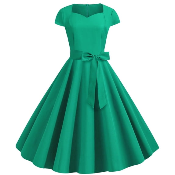 Bigersell Formal Dresses Women's Square Neck Retro Short Sleeve Solid Color Bow Belt Swing Dress Dress Club Dresses for Female Regular Bodycon Dresses, Style 35444, Green S