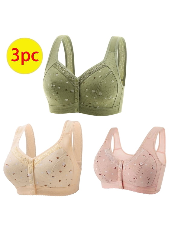 Front Closure Bras for Older Women 3 Pack Wireless Bras Ladies Push-up Padded Bras No Underwire Comfort Soft V-Neck Front Snap Button Wire-Free Everyday Bras Army Green XXL