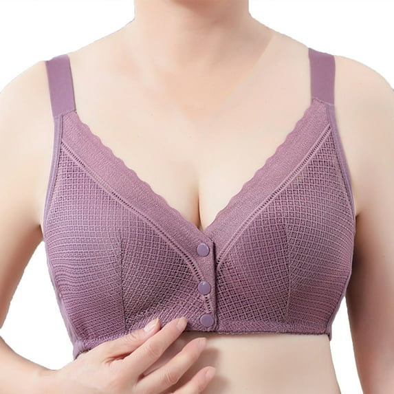 Bigersell Front Closure Bras for Women Clearance Wire-Free Bra Front Snap Bra Closure Comfort Wide Strap V-Neck Wireless Bras Bralettes Sports Bras No Underwire Button Front Close Bras Purple L