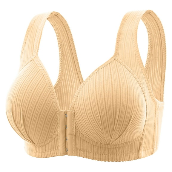 Bigersell Front Closure Bras for Women Full-Coverage Wire-Free Bra Ladies Push-up Bras No Underwire Solid V-Neck Padded Bras Comfort Strap Wireless Bralettes Khaki L
