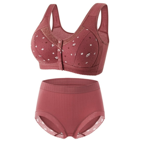 Bigersell Front Closure Wireless Bras for Women Bra and Underwear Set Front Close Bras for Women Snap Bras Matching Panties and Bras Sets Full-Coverage Bras Wire-Free Bra Style Soft Bra Wine 42