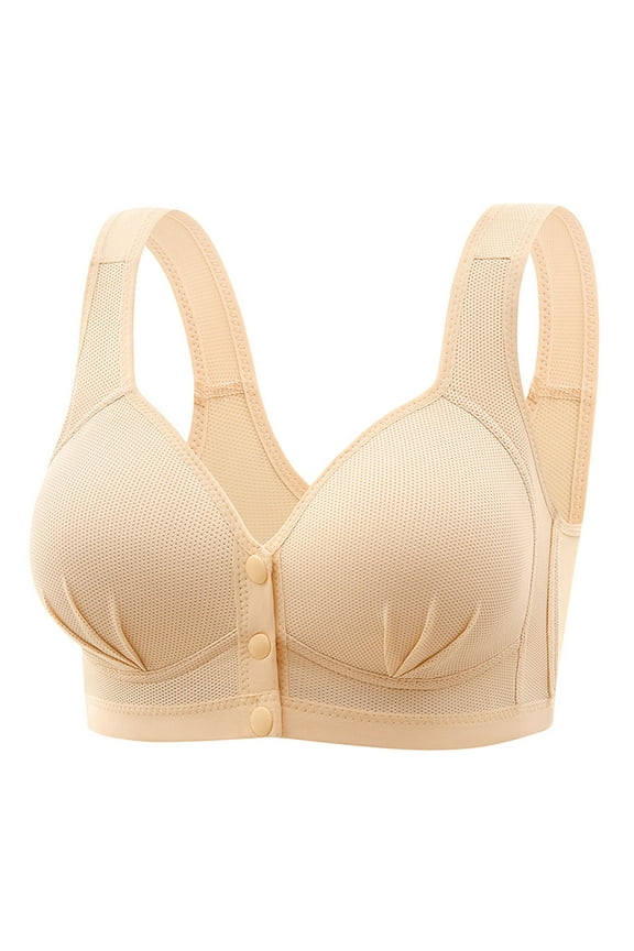 Full-Coverage Bras Clearance - Front Closure Bras for Women Wireless Bra No Underwire Padded Push up Bras Full Figure Bra Wide Strap Front Close Snap Bras Sports Bra Bralettes Beige 3XL