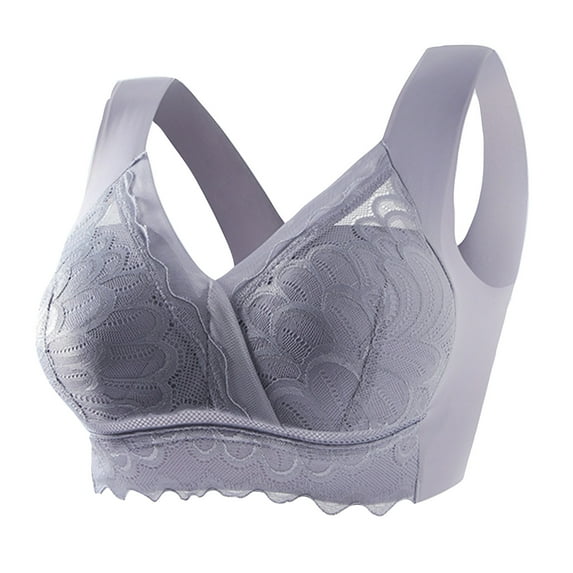 Bigersell Full-Coverage Bras for Women Plus Size V-Neck Mesh Lace Bra Wide Straps Push up Padded Bra No Underwire Hook and Eye Bra Closure Everyday Wireless Bras Underwear C-10-Purple M