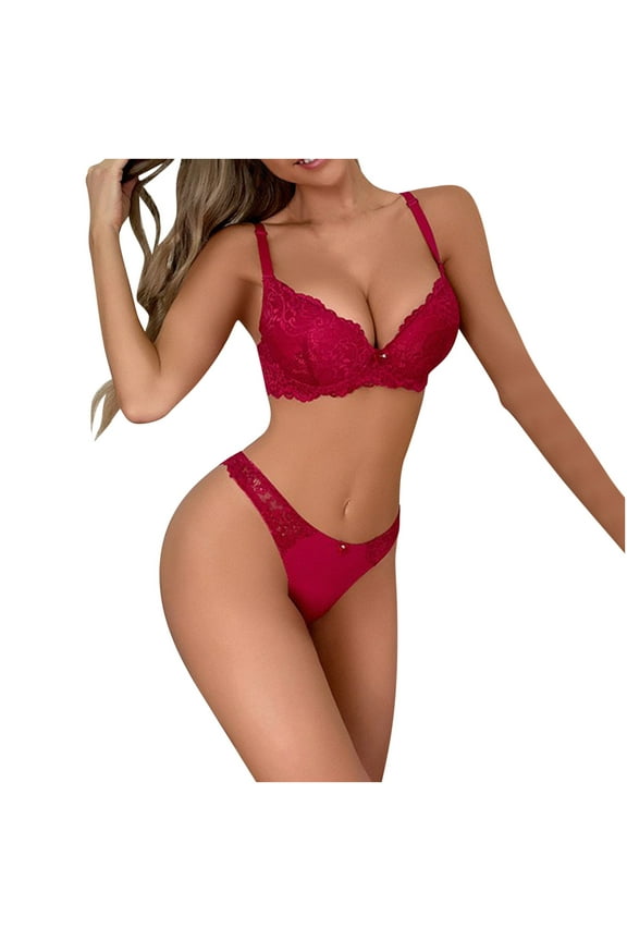 Full-Coverage Wireless Bra in Clearance Women's Lace Bra Thong Set with Solid Color and Perspective Gathering Bra Underwear Daily Bra Sport Bra Style F-643 Red L