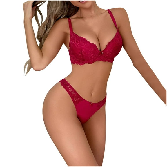 Bigersell Full-Coverage Wireless Bra in Clearance Women's Lace Bra Thong Set with Solid Color and Perspective Gathering Bra Underwear Daily Bra Sport Bra Style F-643 Red L
