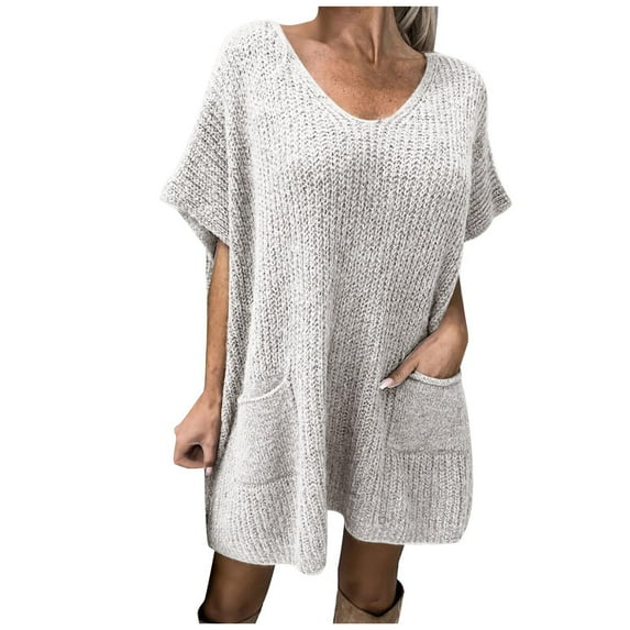 Bigersell Girls Dresses Women's Fashion Casual Solid Pullover Comfortable Short Sleeve V-Neck Dress Female Dresses Women's Plus Slip Dress Dresses, Style 16639, Beige XL