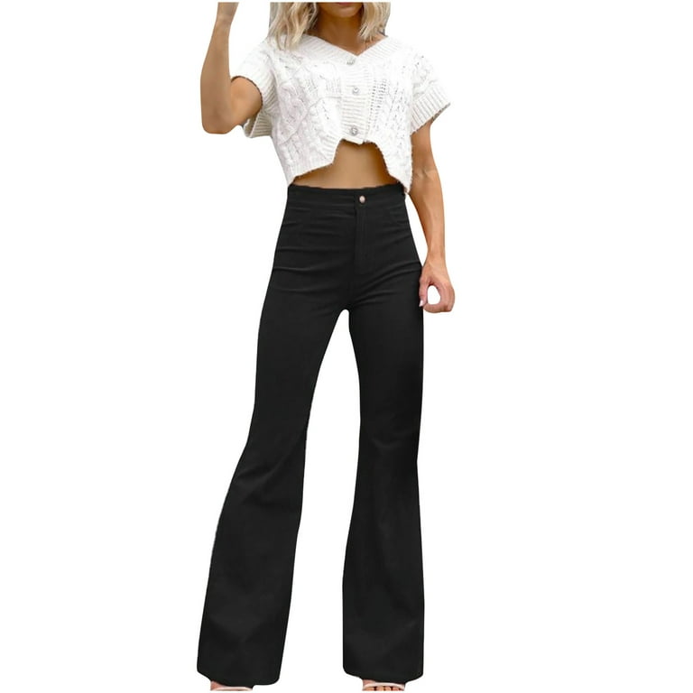 Bigersell Girls Flare Pants Full Length Women's Fashion Slim Fit  Comfortable Solid Color Pocket Casual Flared Pants Ladies Lined Leggings 