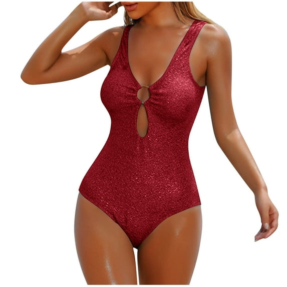 Bigersell Glitter One-Piece Swimsuit Women Keyhole Front V-Neck Bathing Suit Low Back High Cut 1 Piece Swimsuit Monokini Swimwear for Summer Beach Vacations Red XL